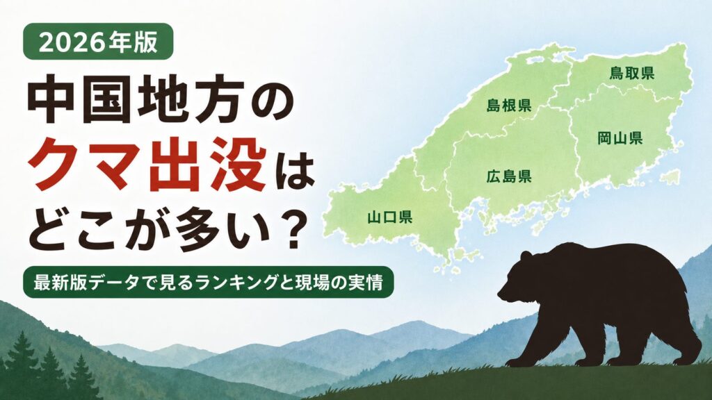 中国地方のクマ出没ランキングを解説するアイキャッチ画像。鳥取県、島根県、岡山県、広島県、山口県の地図とクマのシルエットを配置し、2026年版の最新データによる出没状況や危険エリアを紹介。