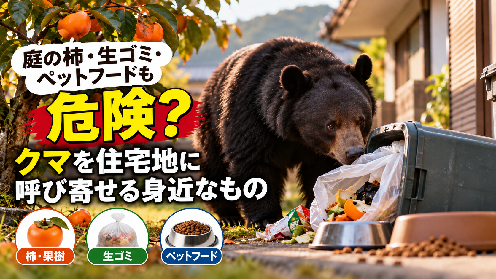 住宅地の庭で生ゴミをあさるクマ。柿の木やペットフードも描かれ、クマを呼び寄せる身近なものへの注意を促す画像。