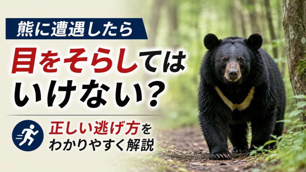 森の中で熊と遭遇した登山者のイメージ。熊に遭遇した際の正しい逃げ方や、目をそらしてはいけないという説の真偽を解説する記事の画像。