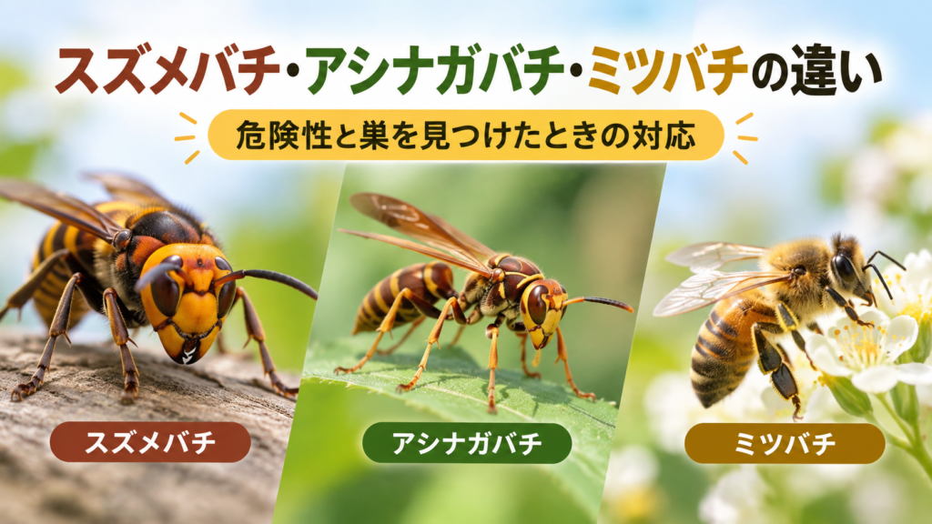 スズメバチ・アシナガバチ・ミツバチの違いと危険性を比較したイラスト。3種類のハチの写真と「危険性と巣を見つけたときの対応」の文字が入っている。