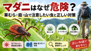 マダニが葉の上にいる様子を中心に、草むら・庭・山での注意点と、長袖・長ズボン、帰宅後の身体チェック、SFTSなどの感染症への対策を紹介するイラスト付き画像。