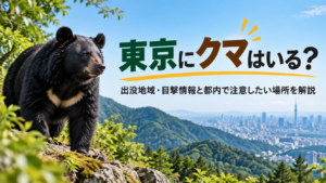 東京の山間部にいるツキノワグマと、奥多摩などの山々を背景にした東京都市部の風景。「東京にクマはいる？」と出没地域や目撃情報への注意を示す画像。